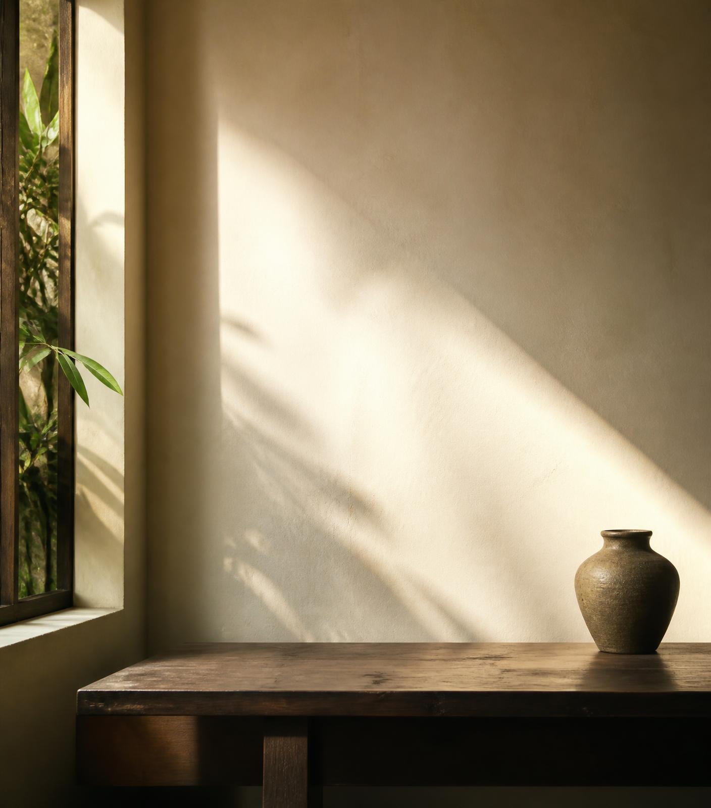 Soft daylight across a plain interior wall and wooden table in Southeast Asia